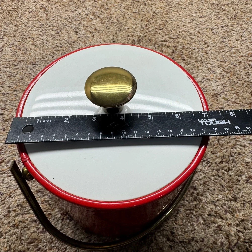 Vintage Gimbels Red Vinyl Ice Bucket Brass Handle Mid Century Modern Made Italy